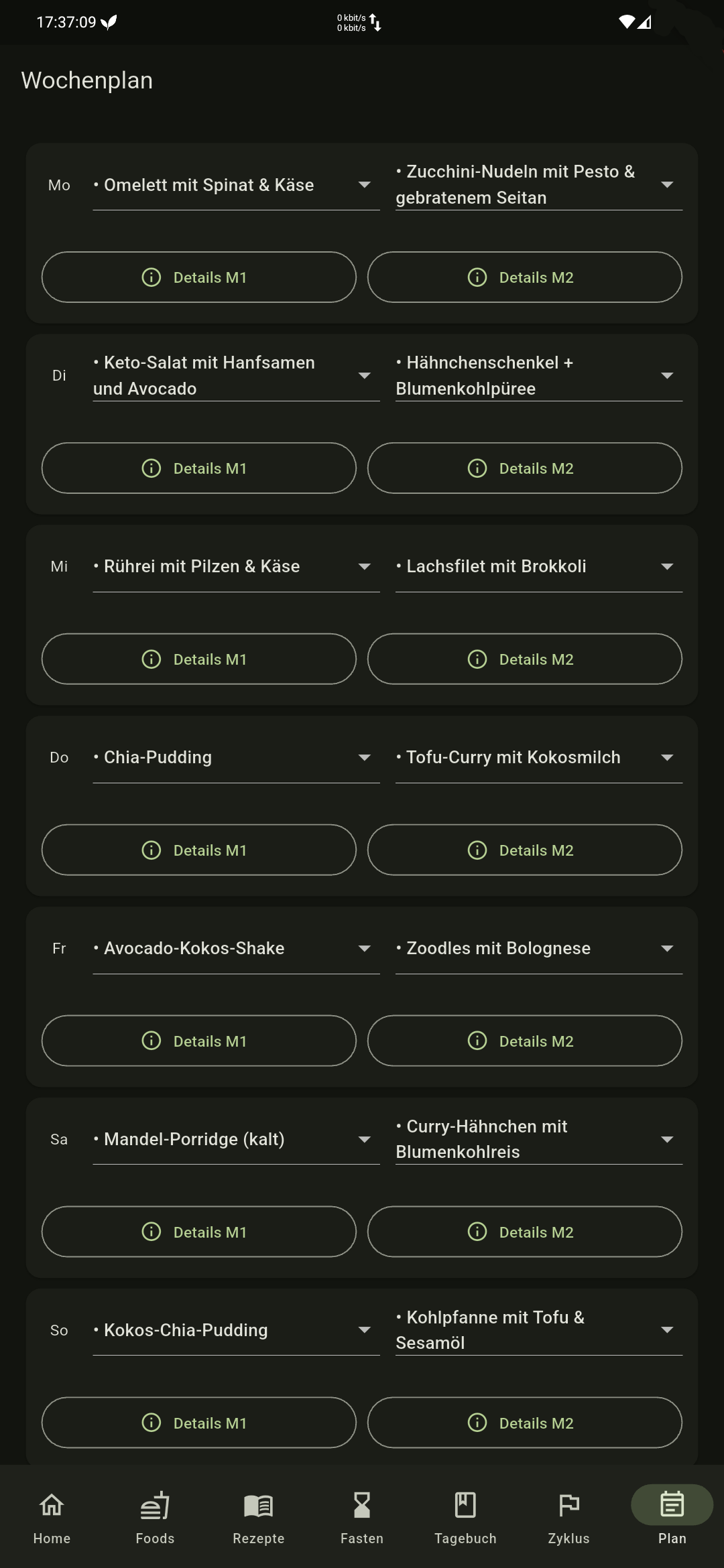 Wochenplan: 7 Tage Keto‑Meals, zwei Mahlzeiten pro Tag